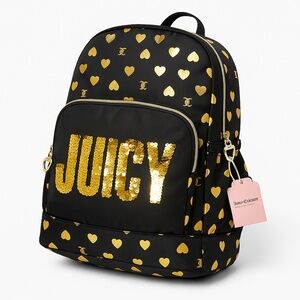 NWT JUICY COUTURE Black Gold Heart Sequin Logo Backpack School Travel Bag
